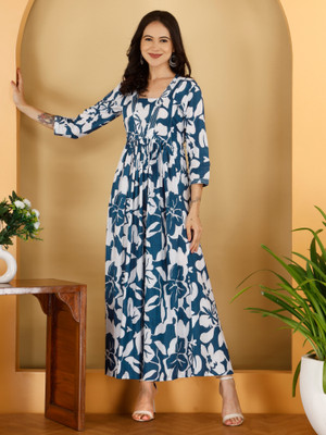 SHANSH Women Fit and Flare Blue Maxi/Full Length Dress