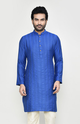 POLY2FAB Men Self Design Straight Kurta(Blue)