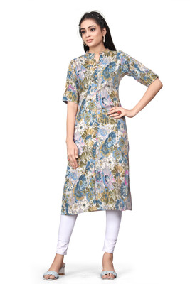 HIALTO Women Floral Print Straight Kurta(Light Green)
