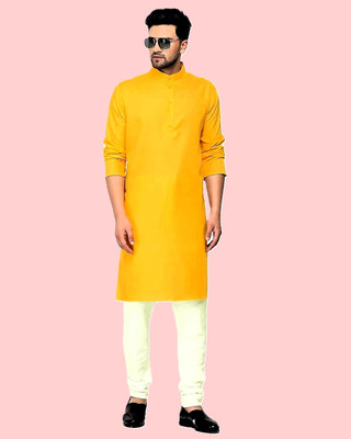 omkar Men Solid Straight Kurta(Yellow)