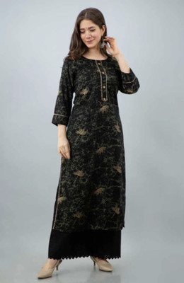badodiya's Women Floral Print Straight Kurta(Black)
