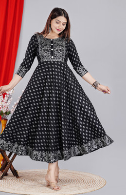 Hand Block Print Women Printed Anarkali Kurta(Black)