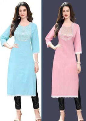P17 Women Solid A-line Kurta(Pink, Blue)