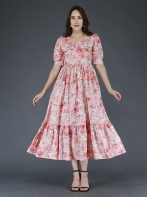 SIYAFABRICSES Women Gown Pink Midi/Calf Length Dress