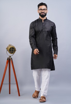 LYPLO Men Solid Straight Kurta(Black)