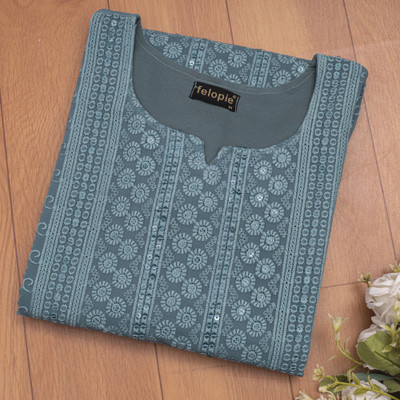 Felopie Women Chikan Embroidery A-line Kurta(Grey)