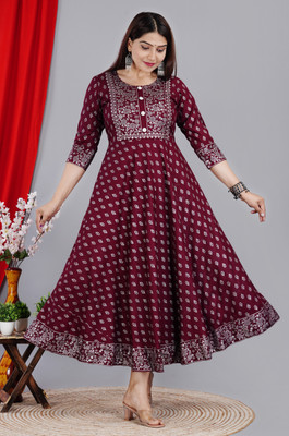 Hand Block Print Women Printed Anarkali Kurta(Maroon)