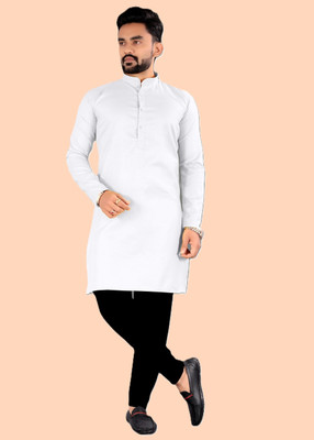 KRISHASALES Men Solid Straight Kurta(White)