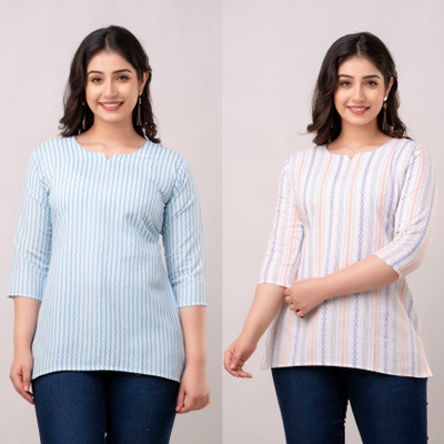 VROEGER Women Self Design Straight Kurta(Blue, White)