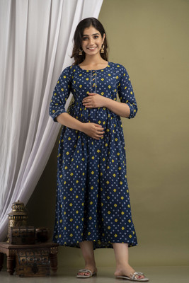 UrbanRang Women Printed Anarkali Kurta(Dark Blue, Yellow)