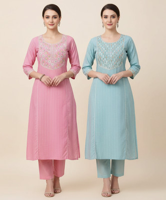 ANOOSHA ENTERPRISES Women Embroidered Kurta(Pink, Blue)