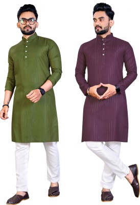 Tezys Men Woven Design Straight Kurta(Dark Green, Purple)