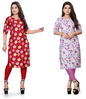 KNG TEXTILE Women Printed A-line Kurta(Red, Purple)