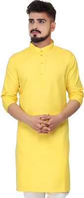 krishu Men Solid A-line Kurta(Yellow)