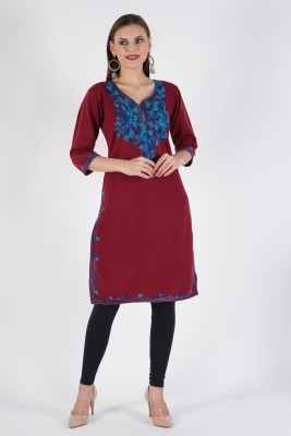 CROWNKING Women Embroidered Straight Kurta(Maroon)