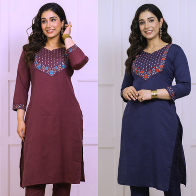 Auzanoor Collection Women Embroidered Straight Kurta(Maroon, Blue)