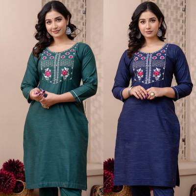 AUZAAI COLLECTION Women Embroidered Straight Kurta(Green, Blue)