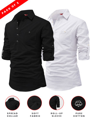 FireFish Men Solid A-line Kurta(White, Black)