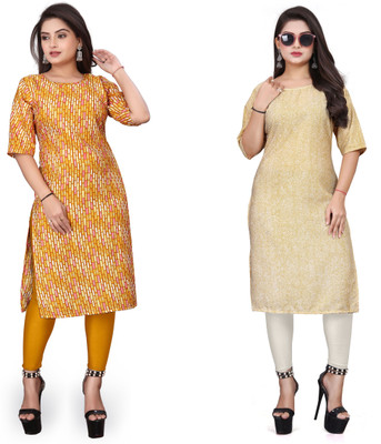 DB COLLECTION Women Printed Straight Kurta(Yellow, Beige)