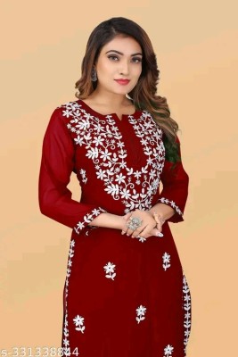 TenTree Women Embroidered Straight Kurta(Maroon)