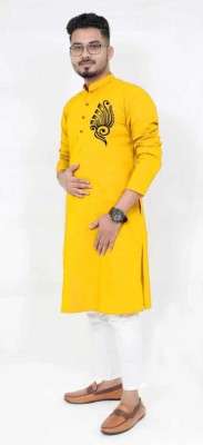 Mamata biswas Men Printed Straight Kurta(Yellow)