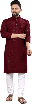 click n buy Men Self Design Straight Kurta(Maroon)