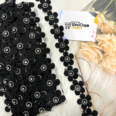 uniquemart Black Flower Lace Border, Stone Work Lace, Black Colour Lace (Black/9Meter) Lace Reel(Pack of 1)