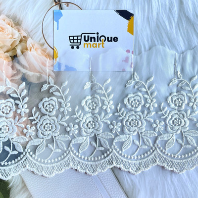 uniquemart Beautiful White Cotton Net GPO Border Lace ,White Lace Border, White Organza Lace, White Lace Design (White/4Mtr) Lace Reel(Pack of 1)
