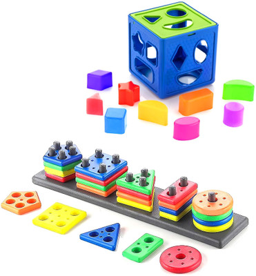 Toy DEKHO Buy 1 Get 1 Combo (Shape Sorter Cube 9 Pcs & Long Shape Stacker Puzzle Game)(Multicolor)