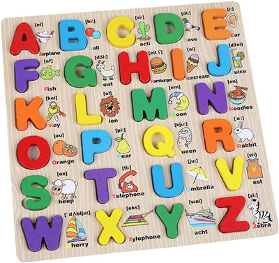 KNK Infotain Wooden English 3D Alphabets Blocks with Objects for Kids 3 Years(Multicolor)