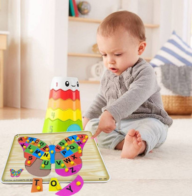 PopPlop Wooden Butterfly Shaped Puzzle-26 Letter Alphabet Learning Blocks Puzzles(Beige, Multicolor)