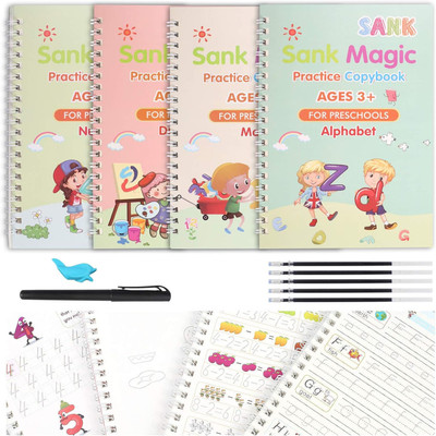 Miboo Magic Practice Copybook, (4 BOOK + REFILL+ Pen + Grip) Number Tracing Book Set(Multicolor)