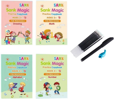 Magic Practice CopyBook | Pack of 4 Books+10 Refills+1 Pen+Pen Grip| Number Drawing Alphabet Books | Learning Reusable Books(Spiral, Generic)