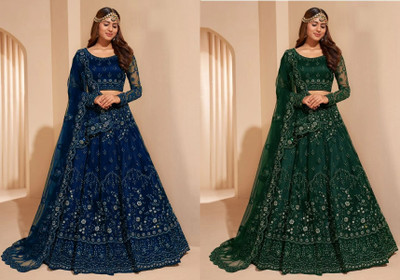 Reelove Factory Embroidered Semi Stitched Lehenga Choli(Dark Blue, Green)