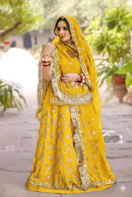 New Pooja Embroidered, Embellished Semi Stitched Rajasthani Poshak(Yellow)