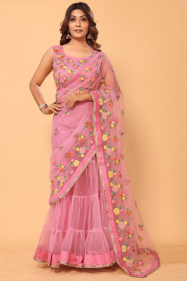 DWINIZAA STORE Embroidered Bollywood Net Saree(Pink)
