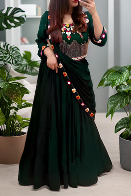 kamaldesigner Embellished Semi Stitched Lehenga & Crop Top(Green)