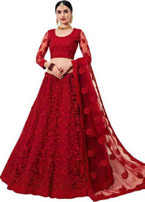 nv patel Floral Print Semi Stitched Lehenga Choli(Red)
