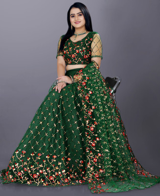 LADY SHOPI Embroidered Semi Stitched Lehenga Choli(Green)