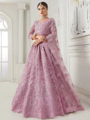 Yozzby Embroidered Semi Stitched Lehenga Choli(Pink)