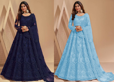 Udbhav Export Embellished Semi Stitched Lehenga Choli(Blue, Light Blue)