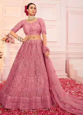 Cute Fellow Embroidered Semi Stitched Lehenga Choli(Pink)
