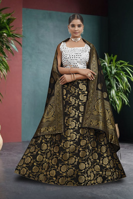 Tishta Floral Print Semi Stitched Lehenga Choli(Black)
