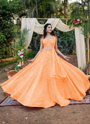 Aatvi Embellished Semi Stitched Lehenga Choli(Orange)