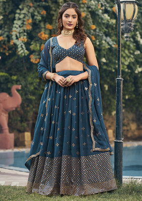 QUEDDY'S Embroidered Semi Stitched Lehenga Choli(Light Blue)