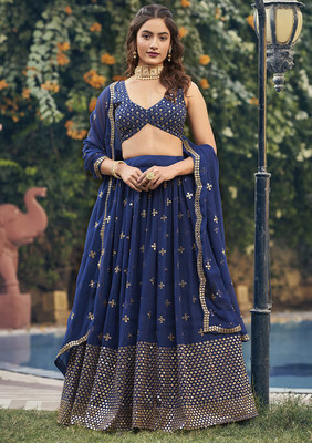 QUEDDY'S Embroidered Semi Stitched Lehenga Choli(Blue)