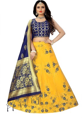 Tishta Floral Print Semi Stitched Lehenga Choli(Yellow)