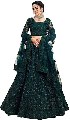 GOROLY Embroidered Semi Stitched Lehenga Choli(Dark Green)