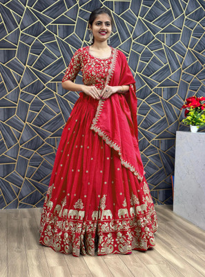 Closin Embroidered Semi Stitched Lehenga Choli(Red)