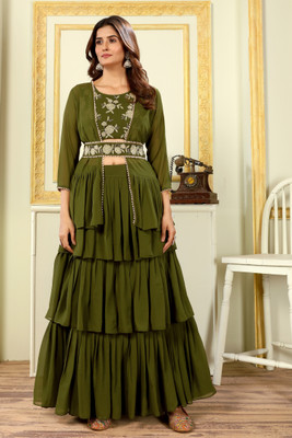 CHHELAJI Embroidered Stitched Lehenga with Jacket(Green)